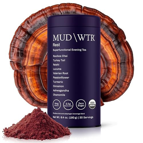 MUD\WTR Rest Evening Mushroom Blend Powder | 2,240mg Adaptogenic Mushroom Tea | Sleep Support, Wind Down & Relaxation Tea | USDA Organic & Vegan | Turkey Tail, Reishi, Ashwagandha | 30 Servings | Amazon (US)