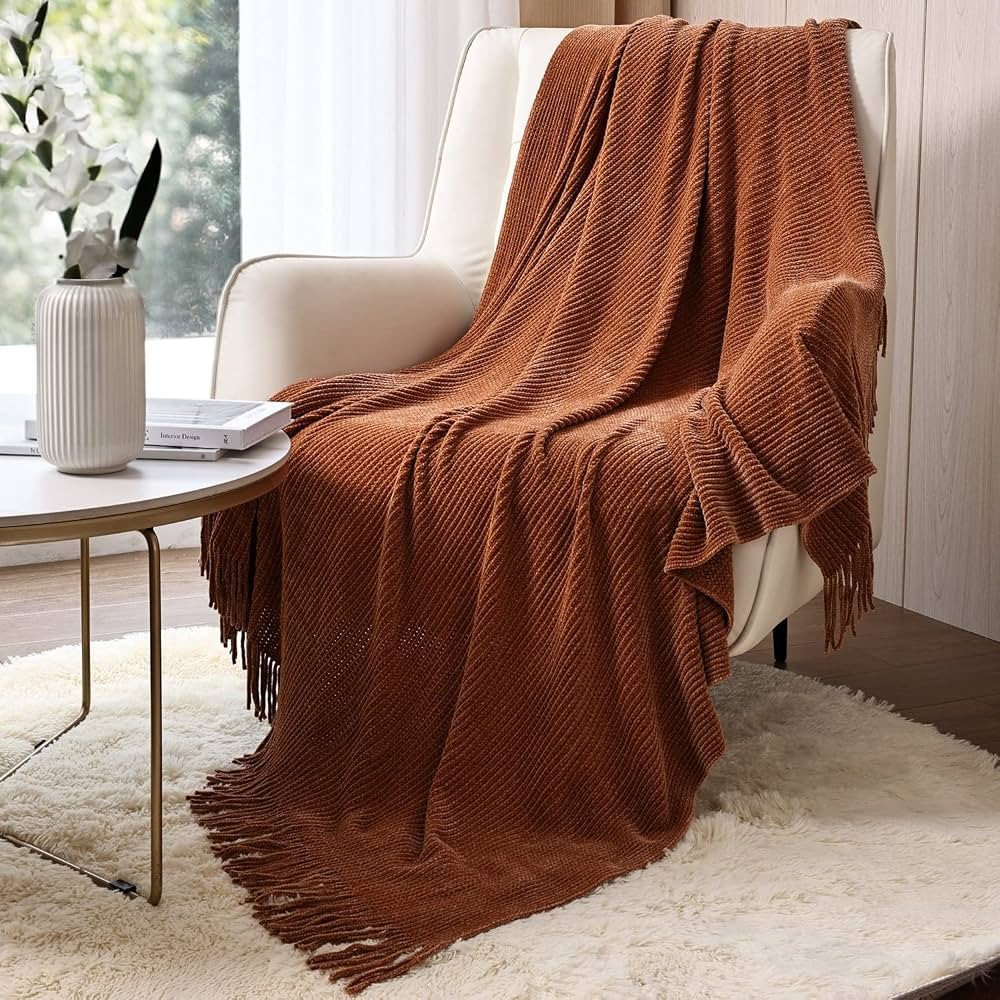 CREVENT Farmhouse Rust Chenille Throw Blanket for Couch Sofa Chair Bed Home Decoration, Soft Warm... | Amazon (US)