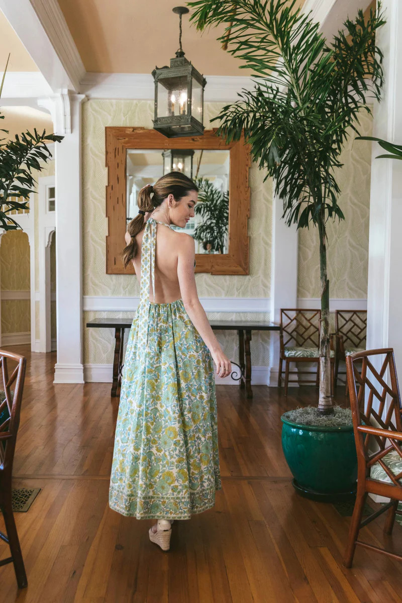 Halter Sundress Maxi | Seafoam / Powder Vintage Poppy | SUE SARTOR