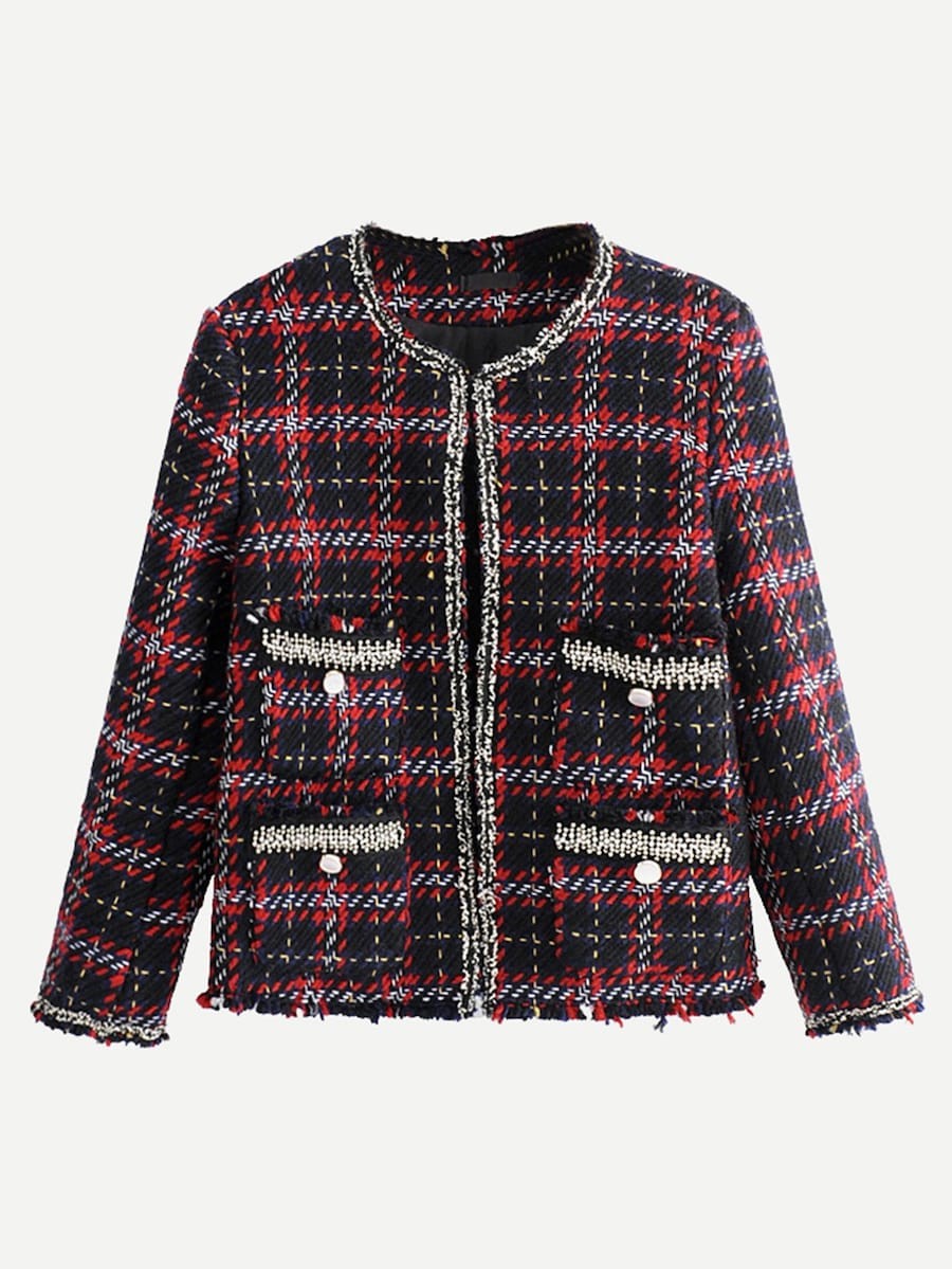 Beaded Detail Tartan Plaid Tweed Blazer | SHEIN