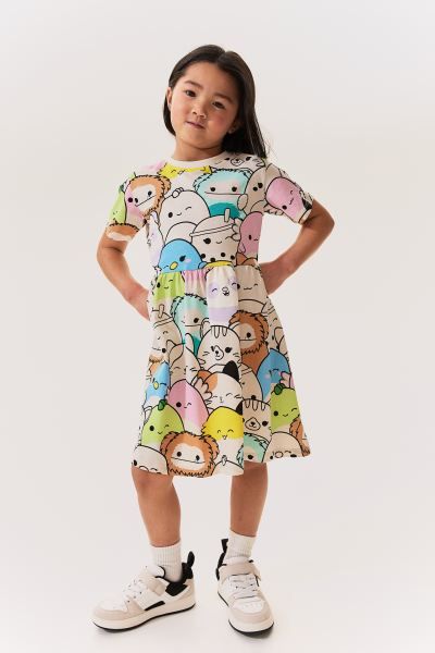 Printed Jersey Dress - Round Neck - Short sleeve - White/Squishmallows - Kids | H&M US | H&M (US + CA)