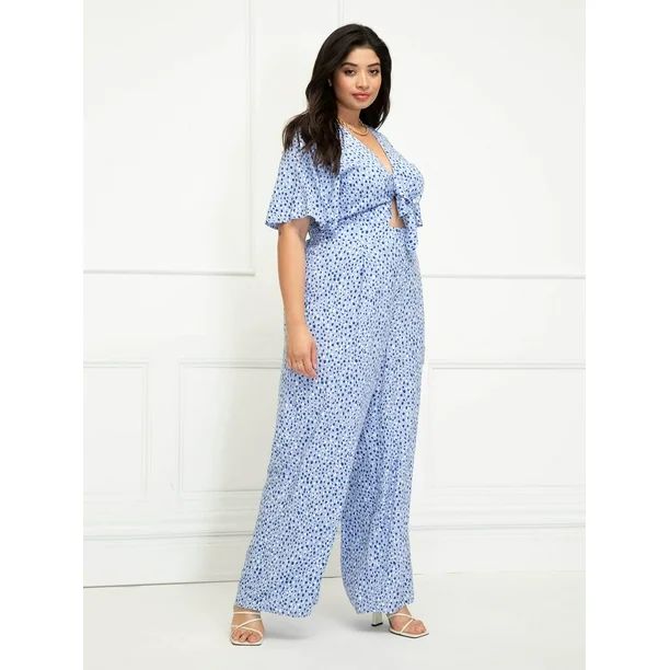 ELOQUII Elements Women's Plus Size Dot Print Jumpsuit with Flutter Sleeves | Walmart (US)