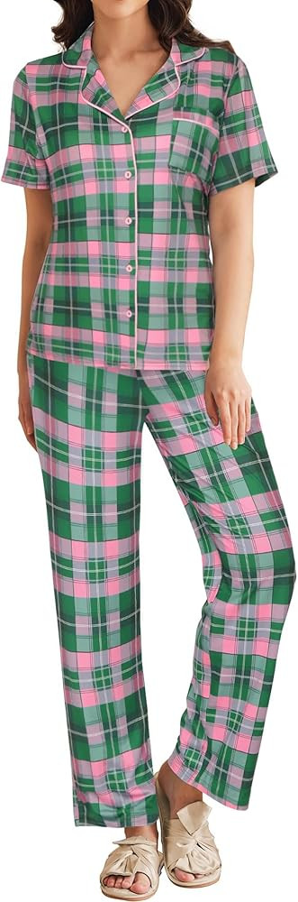 Ekouaer Womens Pajamas Set Plaid PJs Soft Button Down Sleepwear Short Sleeve Nightwear with Long ... | Amazon (US)