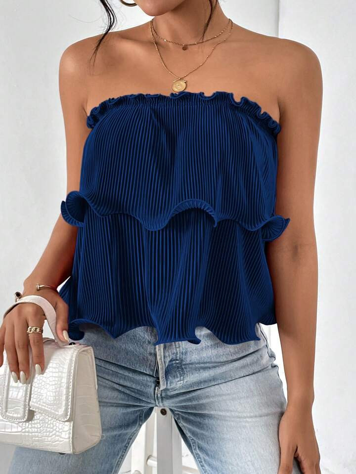SHEIN Essnce Frill Trim Plisse Tube Top | SHEIN