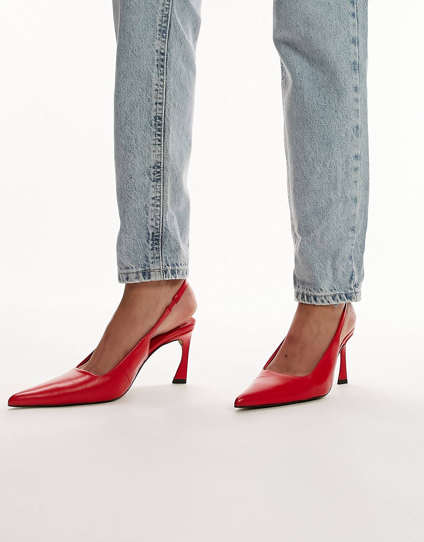 Topshop Coy premium leather sling back heeled mule in red | ASOS (Global)
