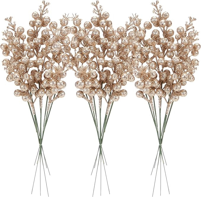 Sea Team 24-Pack Artificial Glitter Holly Berry Twig Ornaments, Decorative Fruit Sticks, Glittery... | Amazon (US)