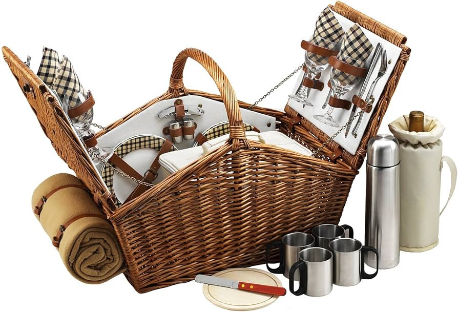 Picnic at Ascot Huntsman English-Style Willow Picnic Basket with Service for 4, Coffee Set and Bl... | Amazon (US)