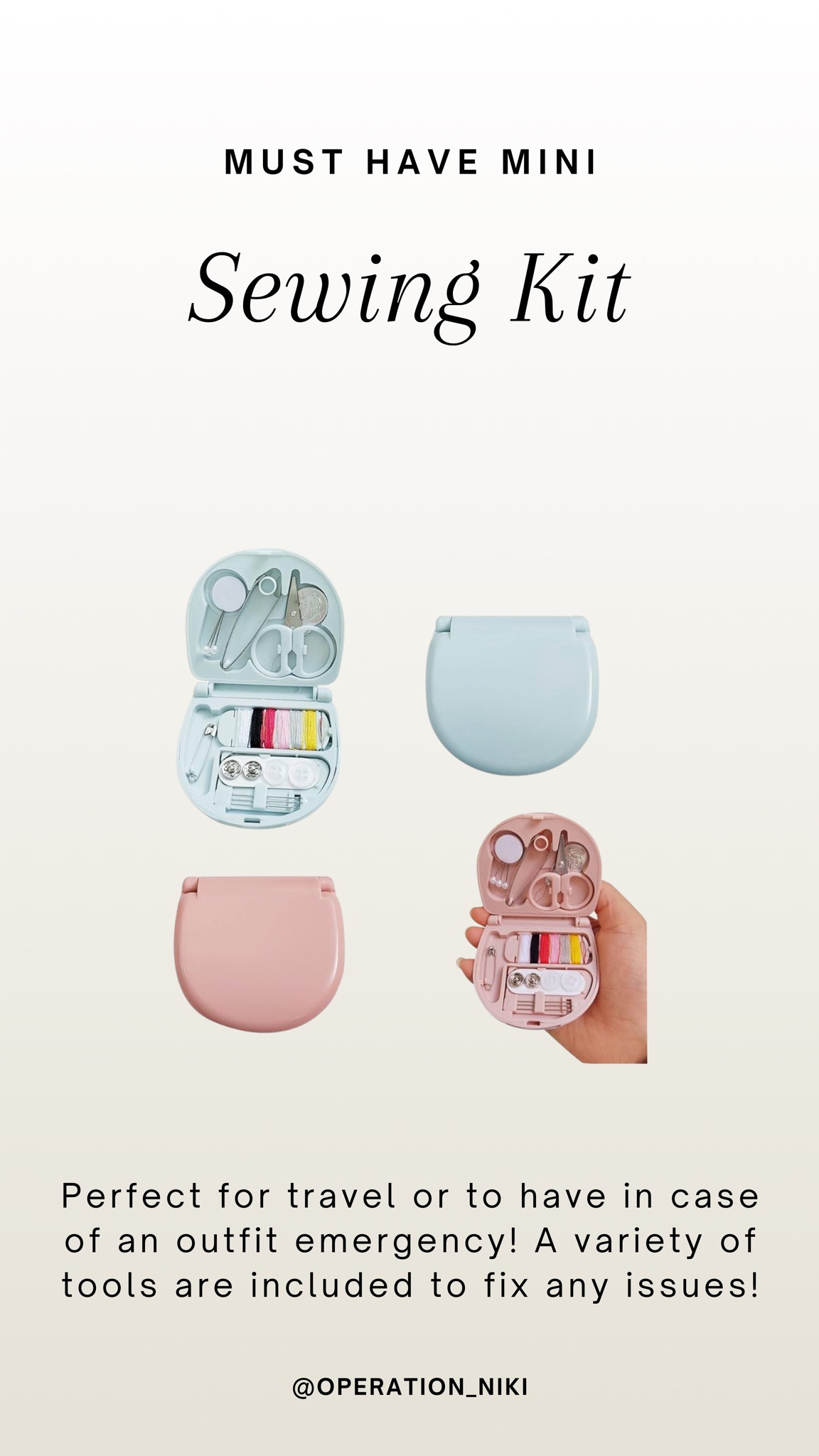 These mini sewing kits are perfect for travel or to have in case of an outfit emergency! A variety of tools are included to fix any issues!

What’s in my purse?✨ Here’s what I’ve been carrying with me lately! 

Follow for more @OPERATION_NIKI on IG, TikTok, & Facebook

sahm, purse essentials, mom bag, what’s in my bag, organized home, mom purse, mom must haves, cleaning tips, organization, fall outfit, fall trends, what’s in my purse, first aid kit, mom advice, travel essentials

#LTKTravel #LTKFamily #LTKFindsUnder50