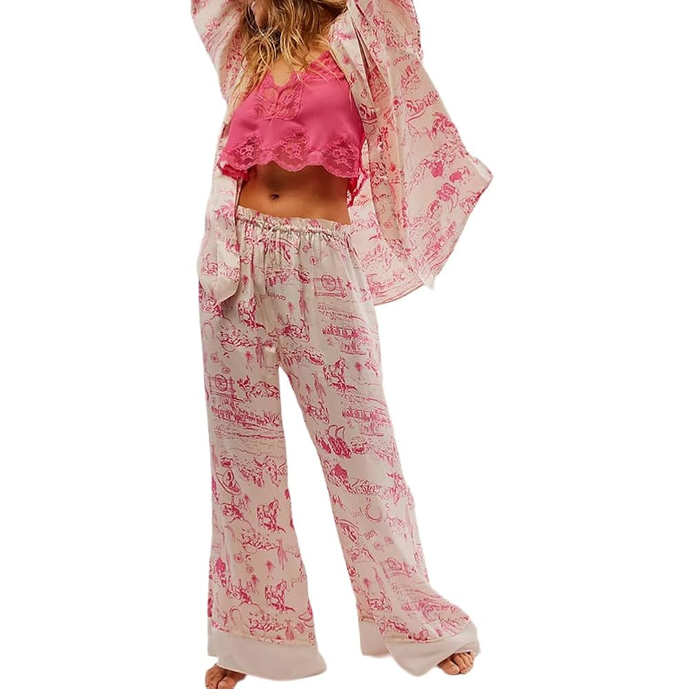 Women Satin Pajamas Set 2 Piece Western Cowgirl Silk Pjs Long Sleeve Floral Pjs Wide Leg Pants Bu... | Amazon (US)