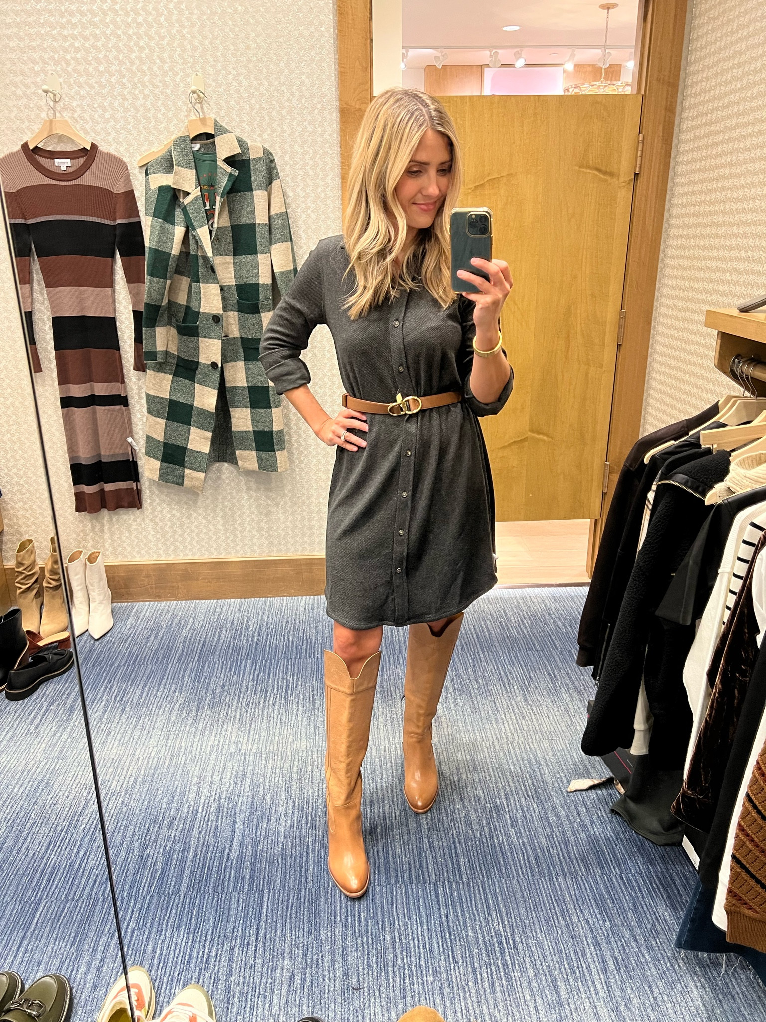 This super soft knee-length dress has a subtle detail pattern, which gives me all the warm fall vibes. Perfect when paired with this bracelet that reminds me of my grandma’s watch, leather over-the-knee boots that are so good I had to get them, and a cute leather belt to accentuate the waist and help tie this look all together. Love this so much! 

#LTKshoecrush #LTKstyletip