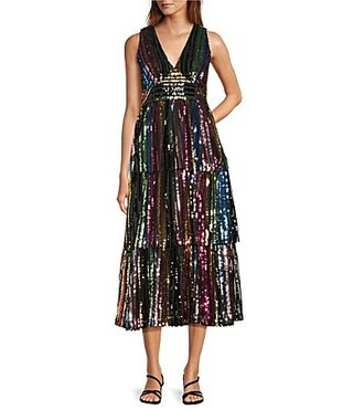 Skies Are Blue Sequin Rainbow Stripped V-Neck Sleeveless Tiered Midi Dress - S | Dillard's