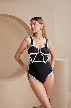 FLAXMAKER Black and White Swimsuit Bow-tie Decor One Piece Bathing Suit | Amazon (US)