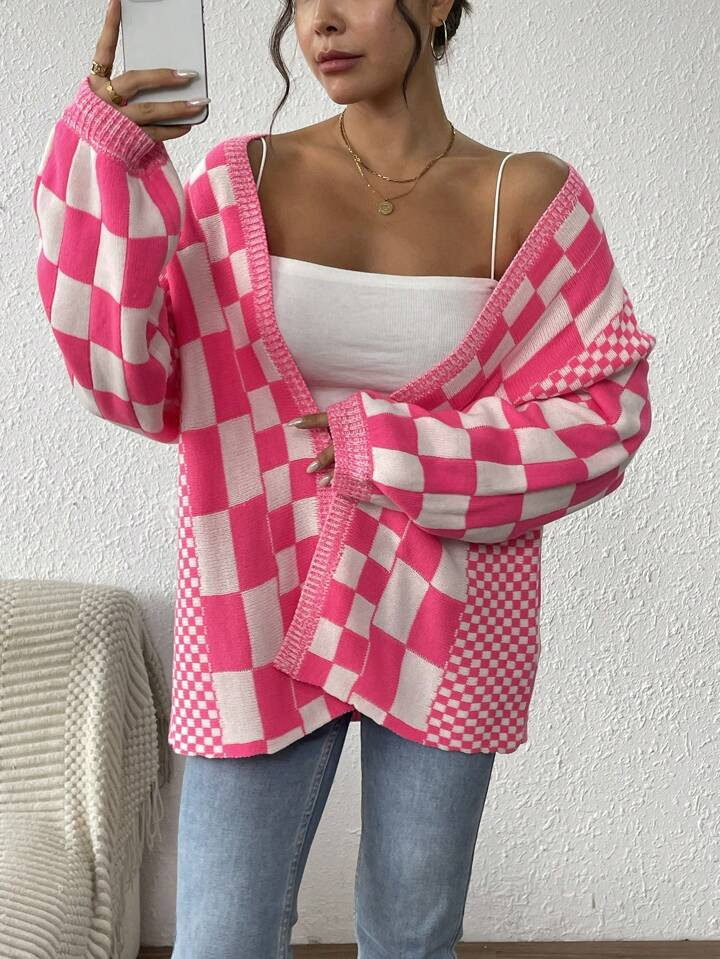 SHEIN Essnce Women's Color Block Plaid Print Long Sleeve Cardigan | SHEIN