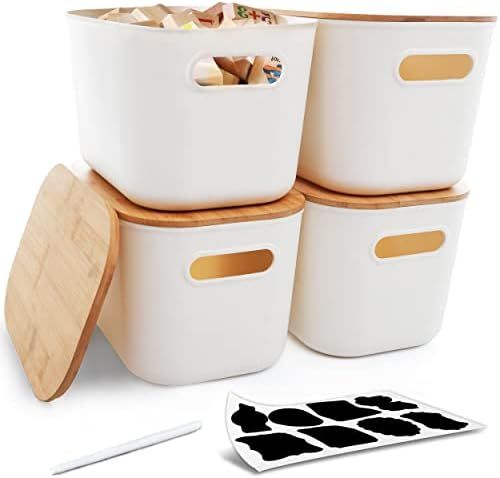 Citylife 4 PCS Storage Bins with Bamboo Lids Plastic Storage Containers for Organizing Stackable ... | Amazon (US)