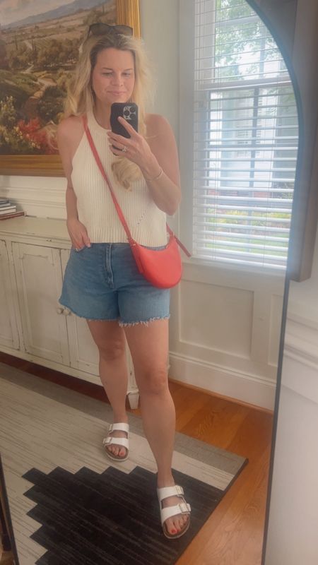 Cute Saturday summer shorts outfit with a pop of red. Love this tank - true to size. Shorts I size up 

#LTKSeasonal #LTKFindsUnder50 #LTKFindsUnder100