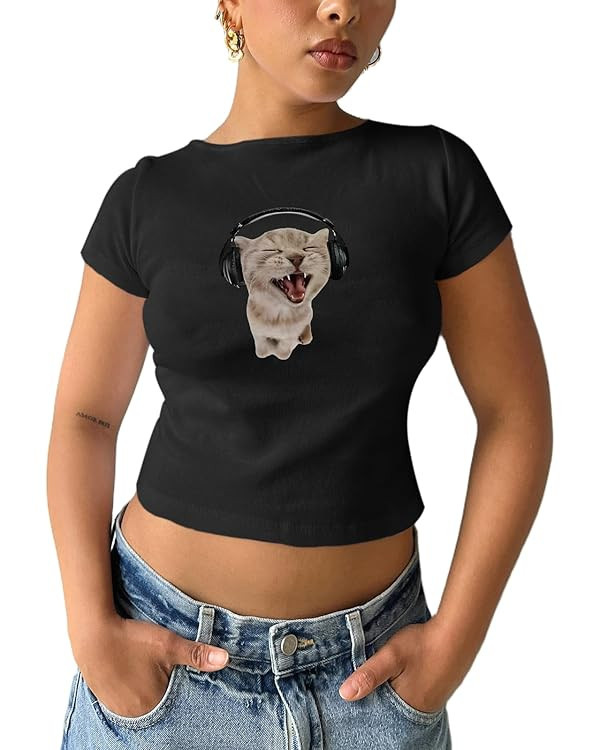 Cat Graphic Baby Tee for Women Grunge Y2k Shirt Funny Crop Tops Teens Cute Cropped Tees Aesthetic... | Amazon (US)