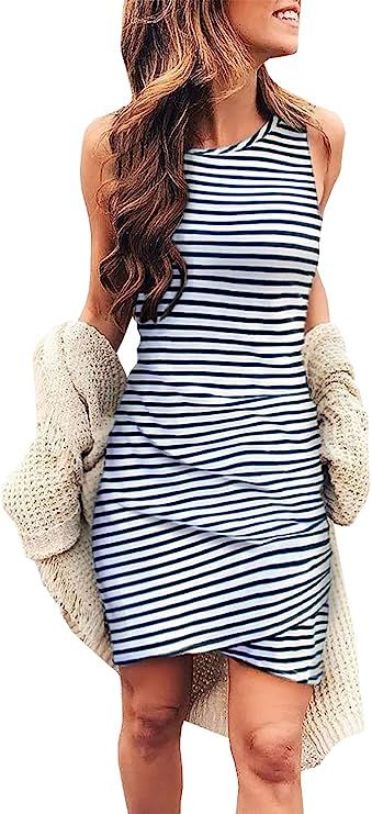 BTFBM Women Casual Crew Neck Ruched Sleeveless Tank Bodycon 2021 Shirt Short Mini Dresses | Amazon (US)