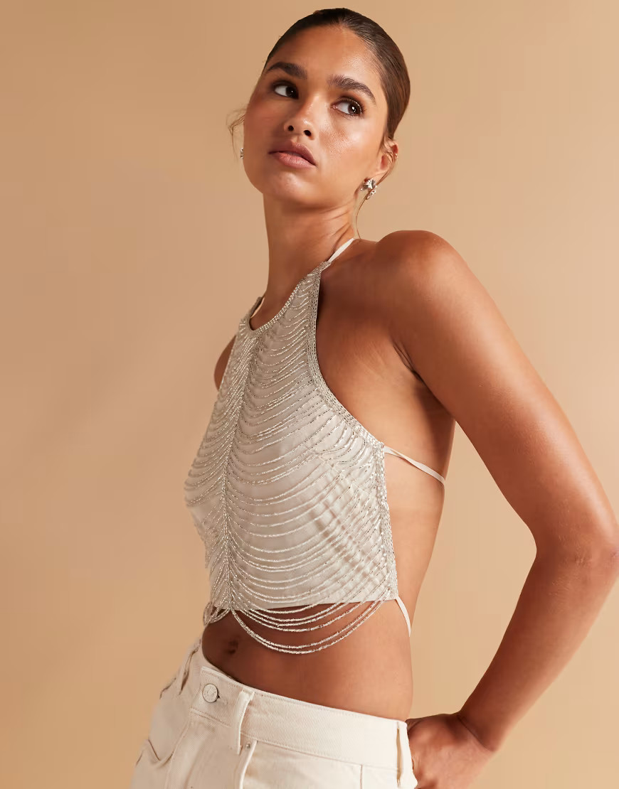 ASOS DESIGN halter top with fringe embellishment in ivory-pink | ASOS (Global)