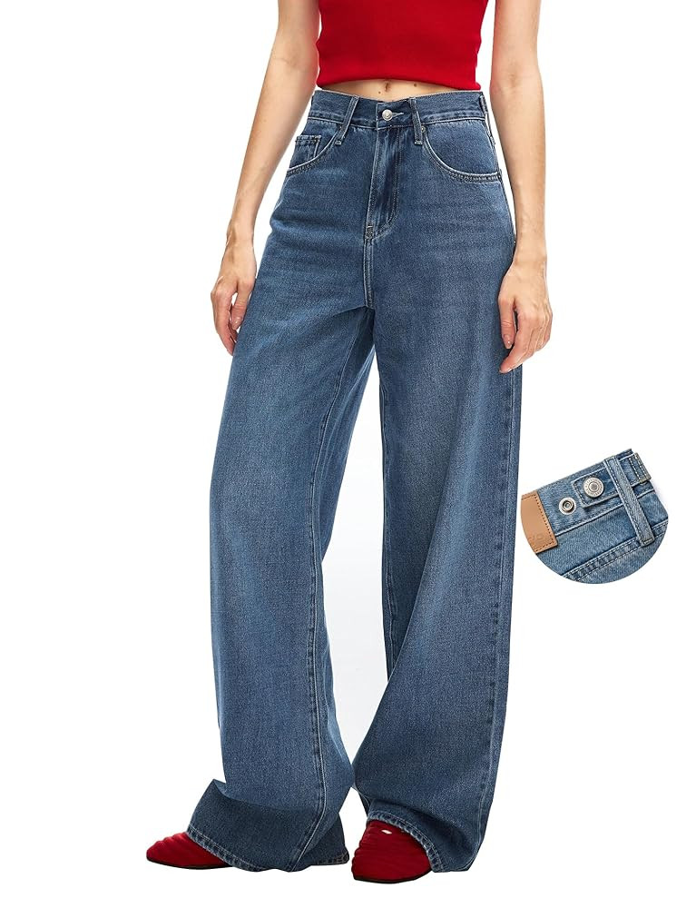 Women's Adjustable Wasit Baggy Jeans with Snap-Button Waistband Wide Straight Leg High Rise Jeans... | Amazon (US)