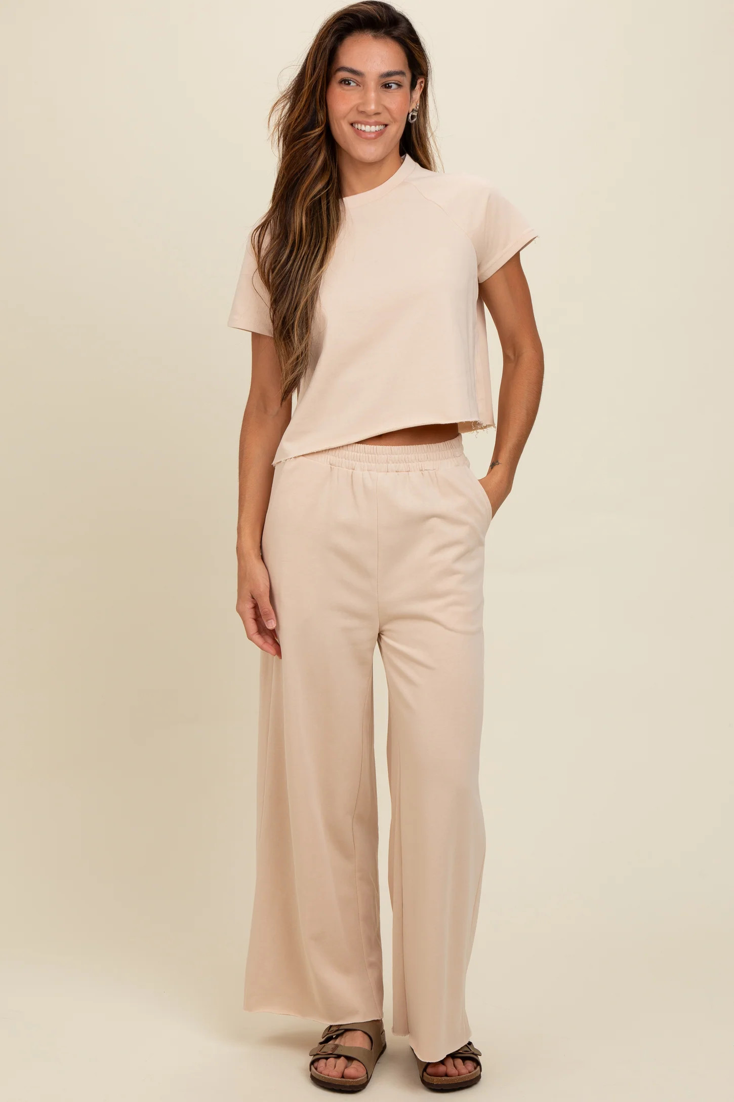 Beige Basic Tee And Wide Leg Pant Set | PinkBlush Maternity