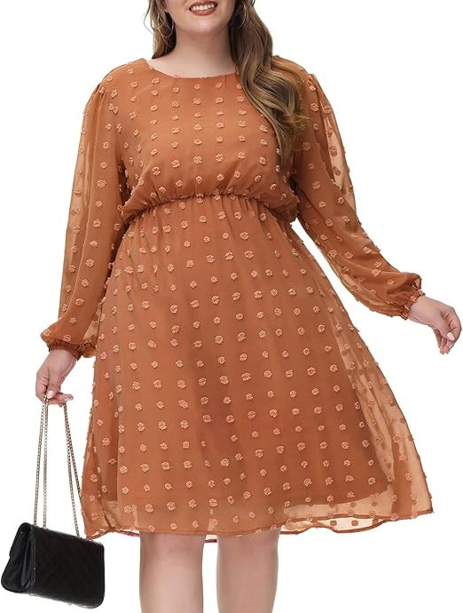 Womens Dot Chiffon Dress Plus Size Elegant Midi Casual Party Long Lantern Sleeve Dresses | Amazon (US)