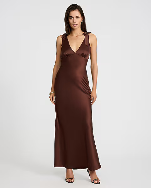 Satin V-neck Tie Strap Maxi Dress | Express