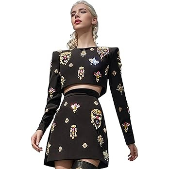 Women's Diamonds 2pcs Skirt Sets Round Neck Long Sleeve Short Coat High Waist Skirts Set | Amazon (US)