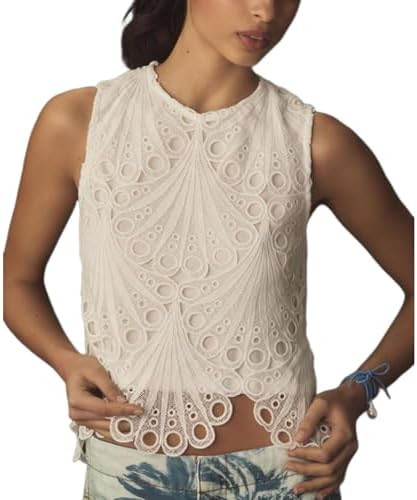 VAOYIU Women's Floral Embroidery Cropped Blouse Sleeveless Lace Tank Tops Elegant Crewneck Mesh S... | Amazon (US)