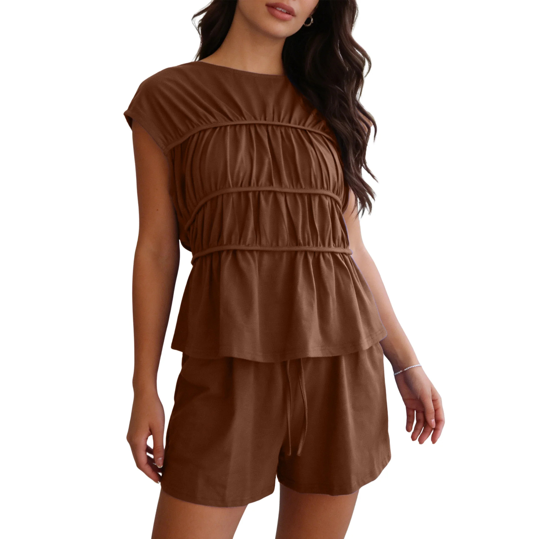 Lounge Set for Women 2 Piece Set Sleeveless Cara Shirred Top and Shorts Matching Outfits | Walmart (US)