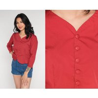 Red Button Up Shirt 70S Cotton Blend Blouse Hippie Boho V Neck 1970S Vintage Collarless Casual Long 3/4 Sleeve Small S | Etsy (US)