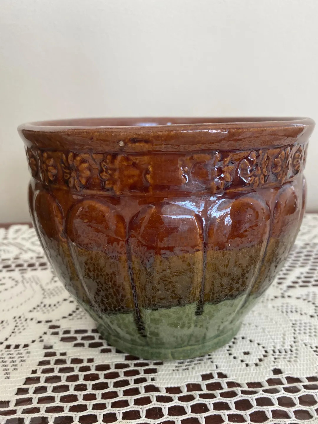 Vintage Drip Glaze Pottery Planter: Earthy Brown & Green Floral Motif - Etsy | Etsy (US)