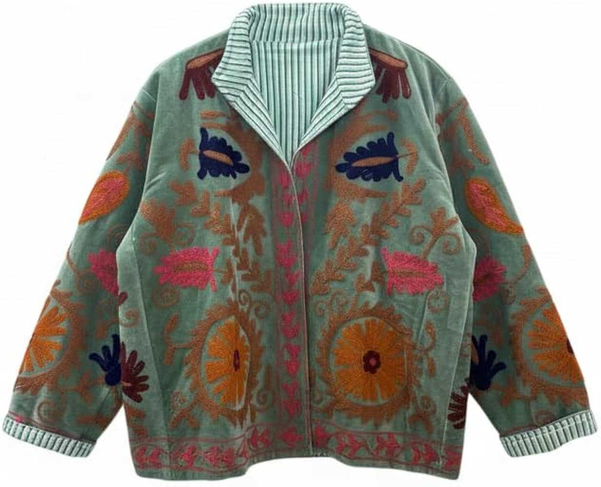 Embroidered Floral Jacket, Green, Reversible Striped Lining, Boho Style, Colorful Suzani Pattern | Amazon (US)