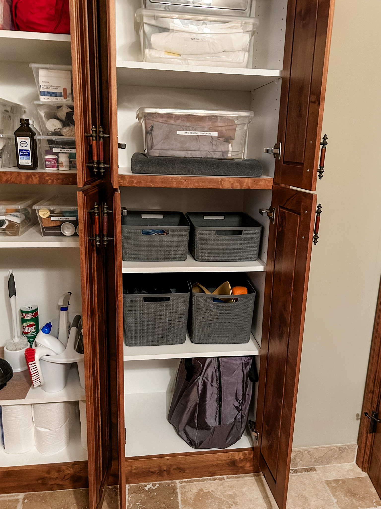 Storage. Organization. Cabinet organization. Linen cabinet. Affordable storage. Bathroom cabinet. Cleaning. Tidy living. 

#LTKsalealert #LTKfindsunder50 #LTKhome