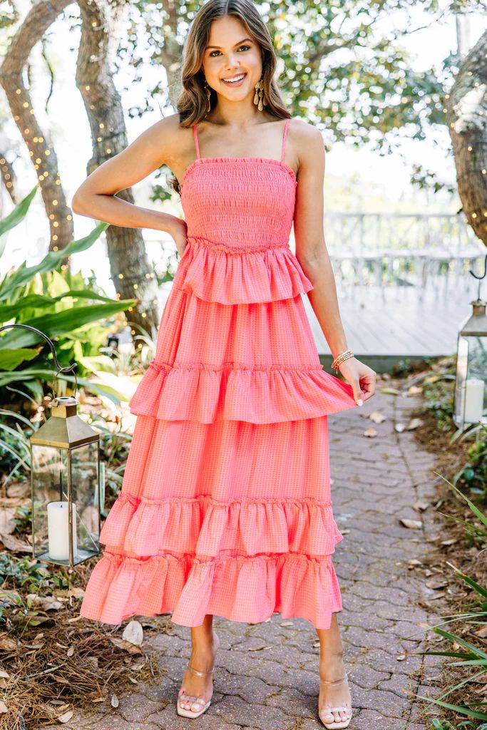 Got It All Bright Coral Pink Ruffled Midi Dress | The Mint Julep Boutique