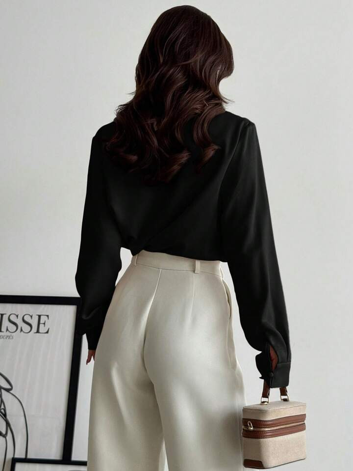 Firerie Camisa de satén de manga larga, ajustada, de unicolor y con cuello para mujer, colecció... | SHEIN