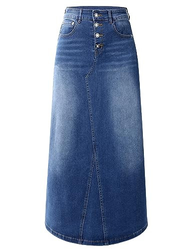 Womens Long Denim Skirt Casual A-Line Stretch Jean Skirt for Women High Waisted Vintage Denim Maxi Skirt with Pockets Blue US 4 | Amazon (US)