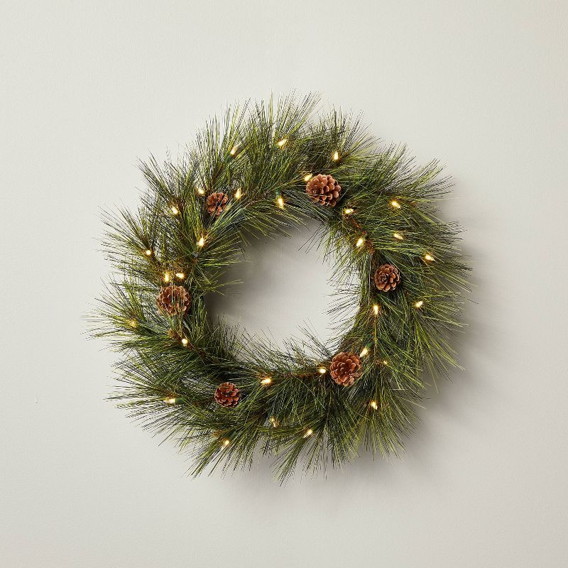 24" Pre-Lit Needle Pine Seasonal Faux Wreath with Pinecones Green/Brown - Hearth & Hand&#... | Target