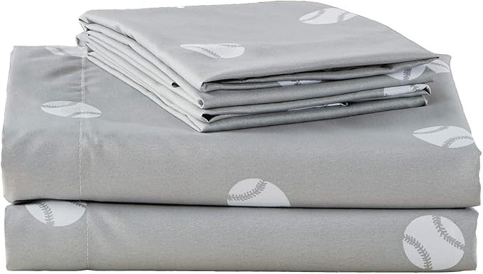 Chezmoi Collection 4-Piece Kids/Teens Sports Sheet Set - Soft Microfiber Gray White Baseball, Ful... | Amazon (US)