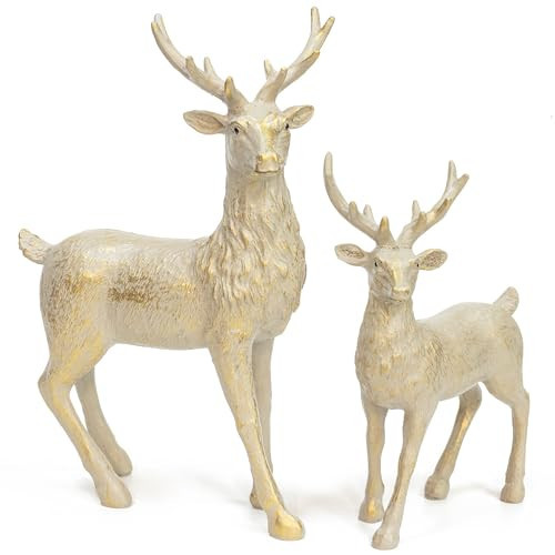 KI Store Set of 2 Resin Standing Deer Figurine 10-Inch and 6.7-Inch Reindeer Decorations in Brass Finish for Christmas Decor Display | Amazon (US)