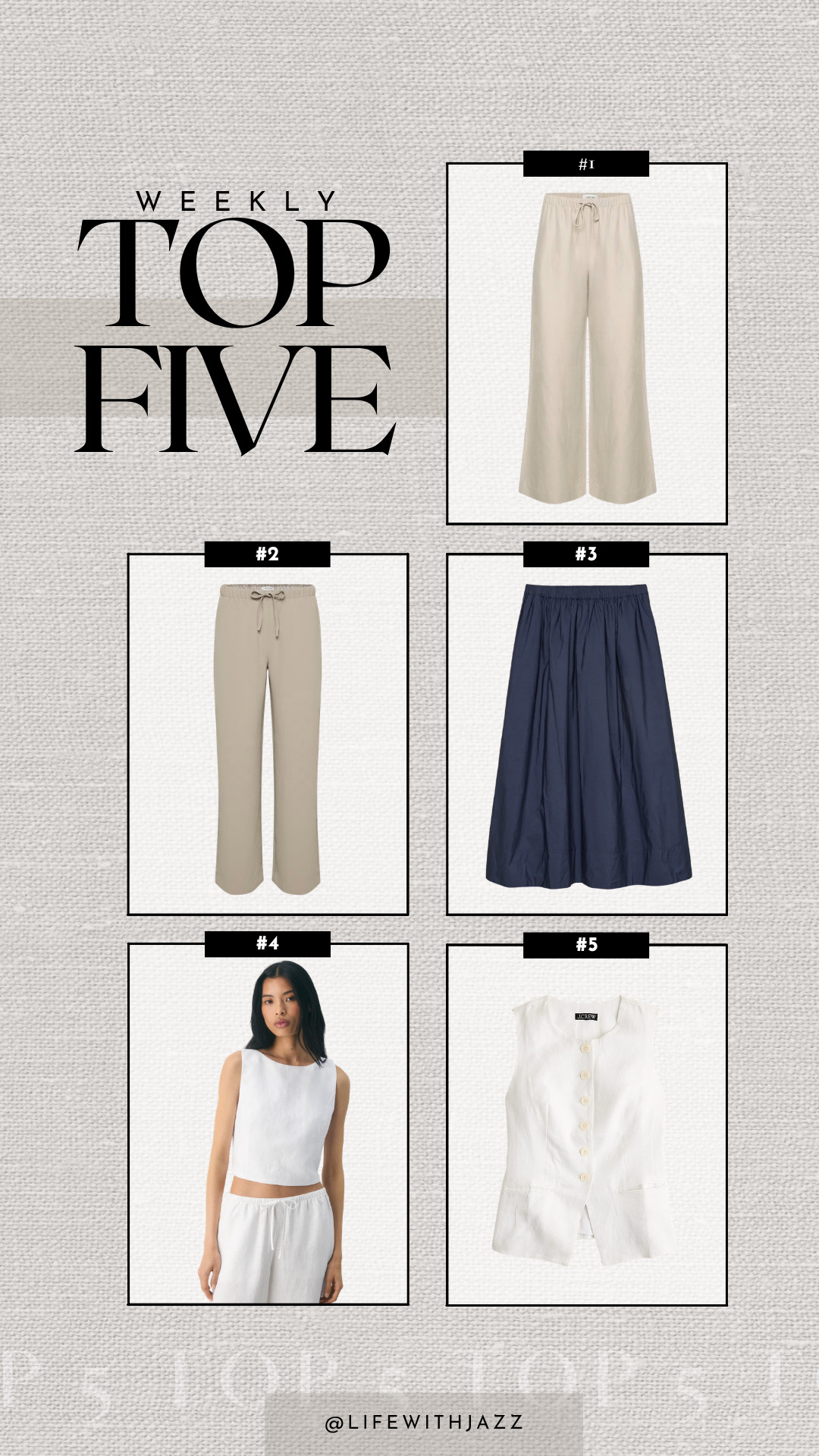 this week's top 5 bestsellers: 

1. aritzia linen lodge pants 
2. aritzia lodge pants -- wrinkle-free 
3. aritzia luminary skirt 
4. aritzia cavalier boxy cut tank -- white is sold out, but linked to similar styles 
5. jcrew linen vest -- on sale for under $75 

 #LTKSeasonal