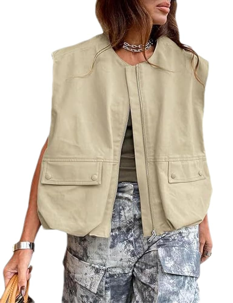 Womens Casual Zip Up Cargo Vest Top Oversized Lightweight Ruched Hem Sleeveless Blazer Jackets Ve... | Amazon (US)