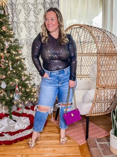 New Years Eve outfit 
Free People sequin top size L (you can size up for a little more room! I tried an XL first and am sticking with the large) 
Jeans size 12 x short 
My bag is back in a larger size!! Linked it for ya too! 

#LTKFind #LTKHoliday #LTKcurves