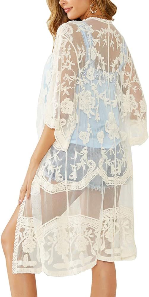 Lace Crochet Kimono Women's Long Swimwear Beach Sheer Swimsuit Cover Up Cardigan | Amazon (US)