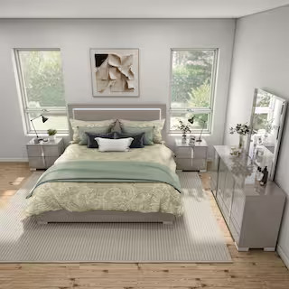 Mesala 5-Piece Taupe Gray Wood Frame King Panel Bedroom Set with LED Light on Headboard, Chrome Accents and Legs | The Home Depot