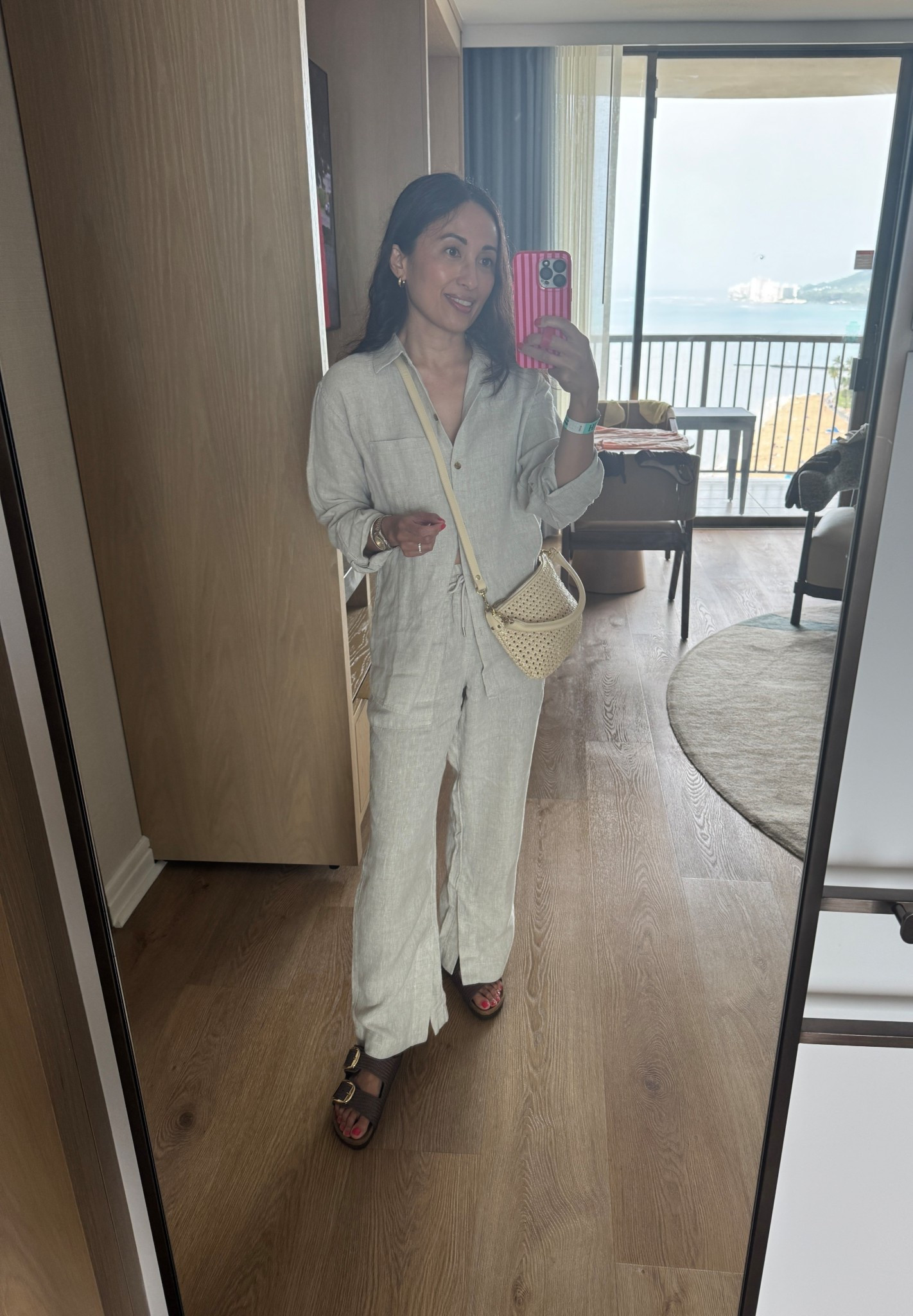 Vacation outfit. Resort wear. Dinner outfit. 
Linen shirt true to size. 
Linen pants I sized down in regular length. Cute side slits at bottom hem!
I have a few of these linen pieces from over the years. Substantial material. 
Woven raffia Birkenstocks. True to size. 
Crossbody woven bag. 


#LTKTravel #LTKOver40 #LTKootd