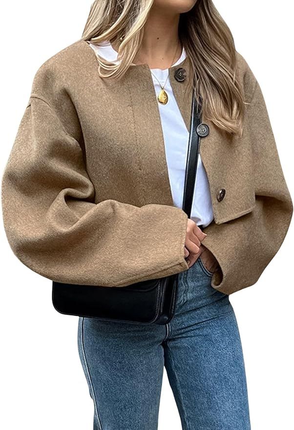 CHARTOU Women Cropped Wool Blend Pea Coat Short Jacket Peacoat Long Sleeve Button Down Crop Jacke... | Amazon (US)