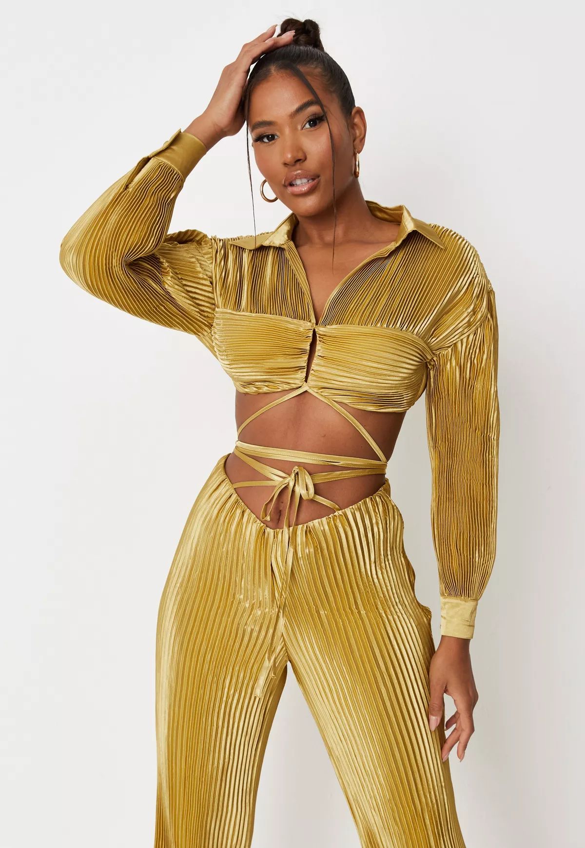 Carli Bybel x Missguided Chartruese Plisse Wrap Around Cropped Shirt | Missguided (US & CA)