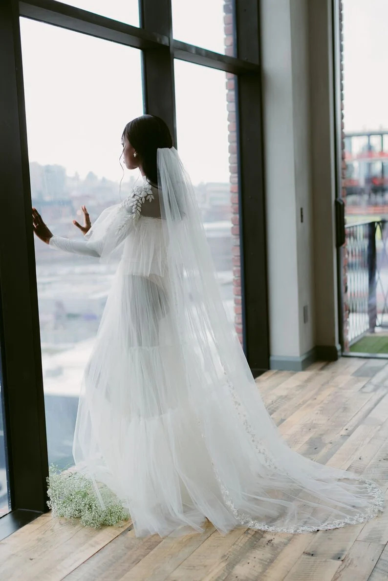 Gavriella: Ivory veil with floral and leaf beaded motifs with gold touches / rustic wedding | Etsy (US)