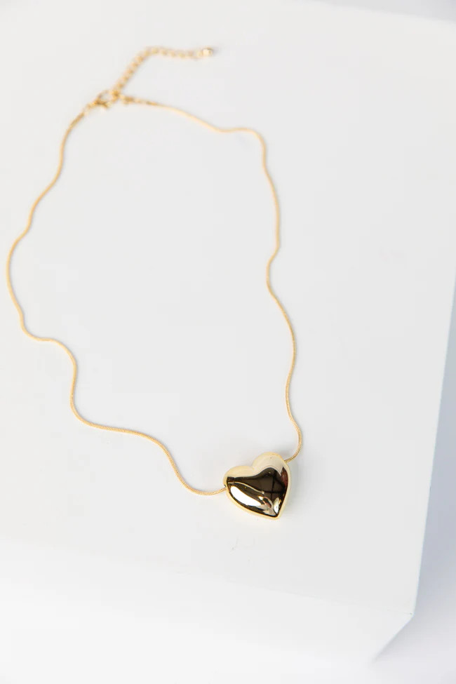 Gold Puff Heart Necklace | Pink Lily