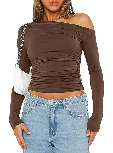 Darong Women's Casual Boat Neck Off Shoulder Long Sleeve Slim Fit Crop Top Going Out Shirts Y2K Tight T Shirts 9026 Coffee XL | Amazon (US)